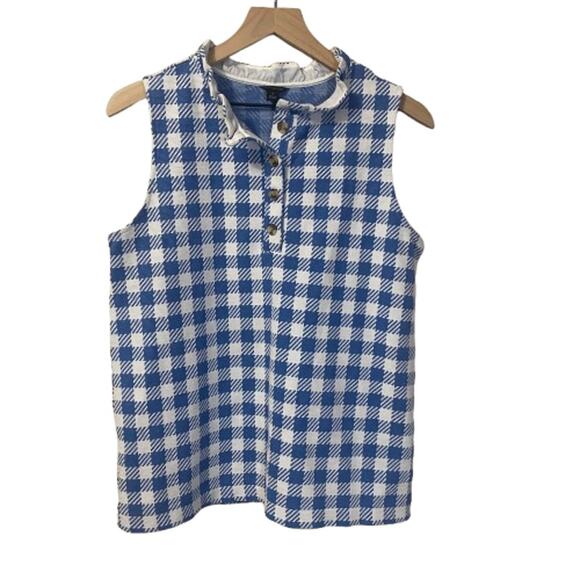 Ann Taylor Plaid Ruffle Neck Button Shell Top White Blue Checkered Sz M - Picture 2 of 10